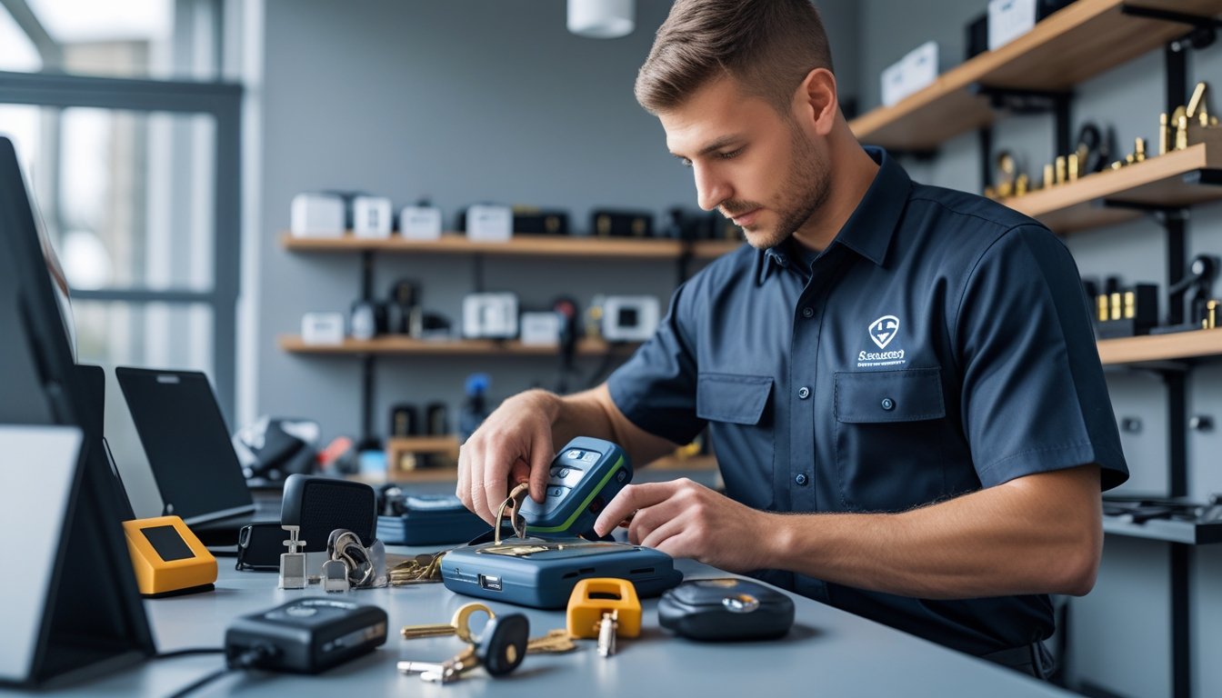 A locksmith working with advanced security tools in a modern workshop surrounded by locks and keys.