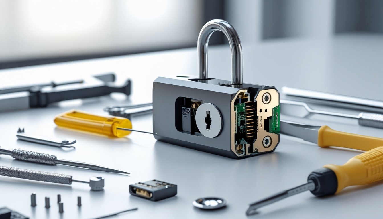 Close-up of a modern lock mechanism with tools on a white workspace, showing detailed lock components and parts.