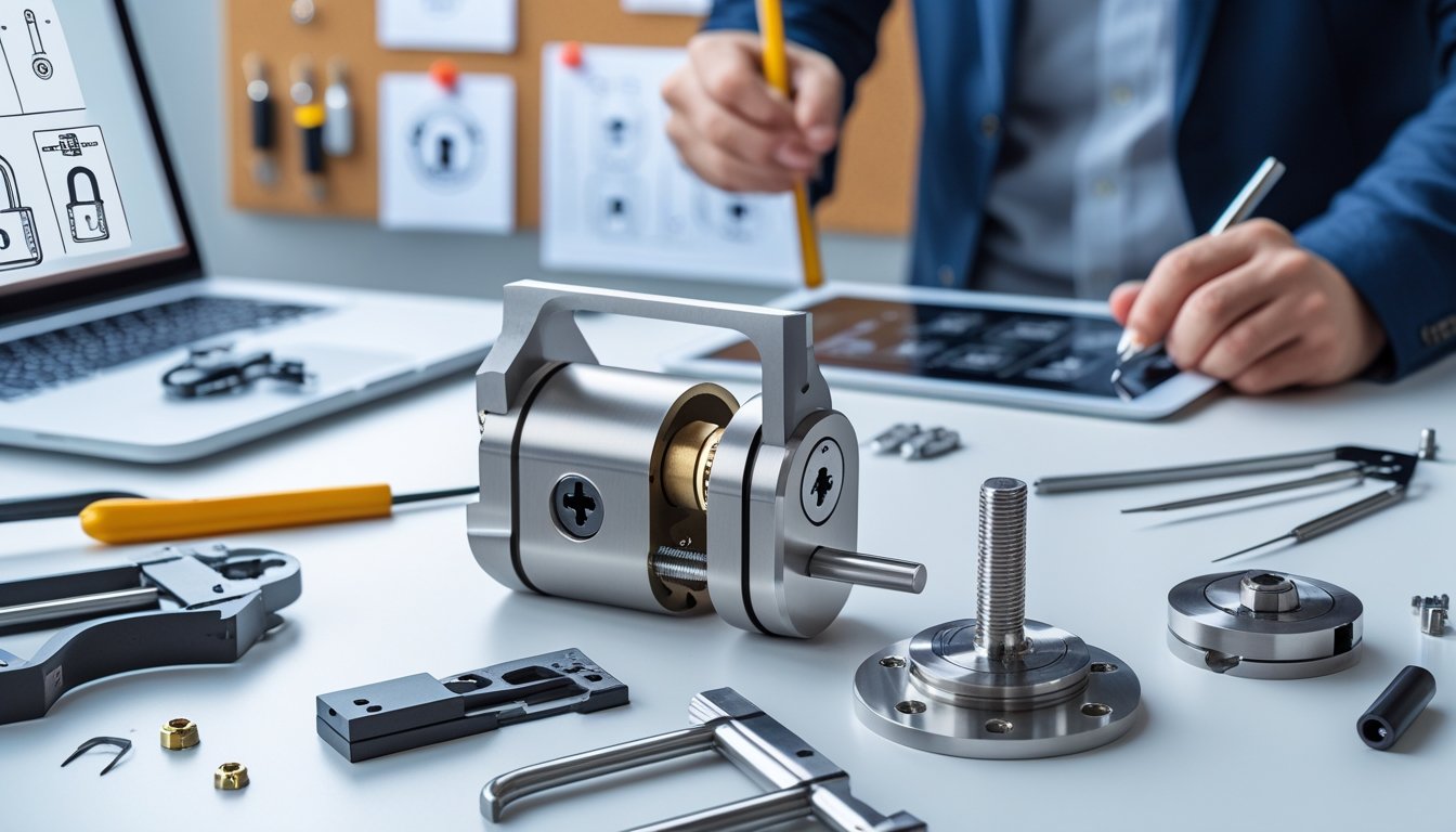 A workspace with a modern lock mechanism, precision tools, and a person sketching lock designs on a digital tablet.