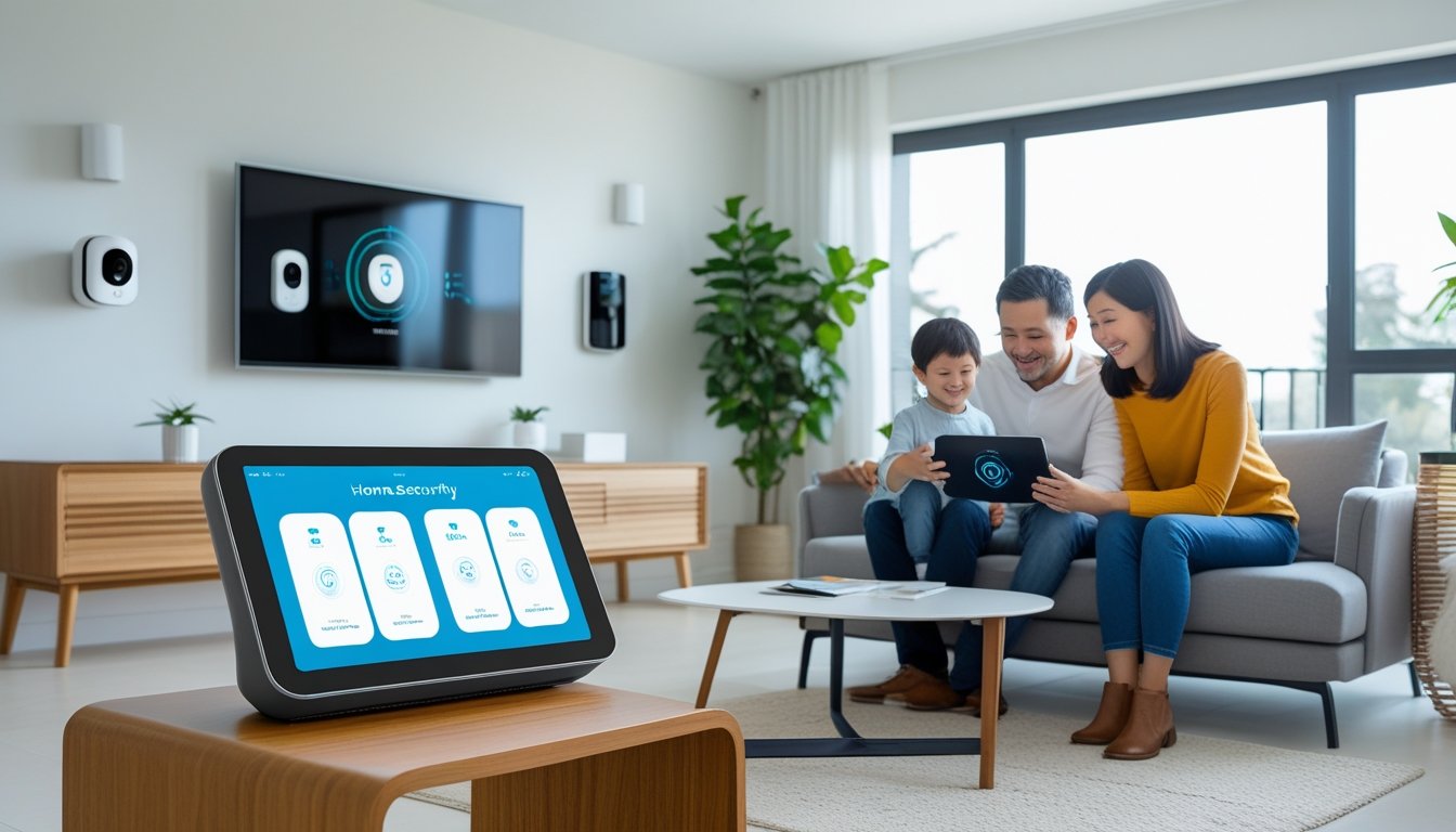 A modern living room with a smart home hub, security camera, and a family using a tablet to control home security.
