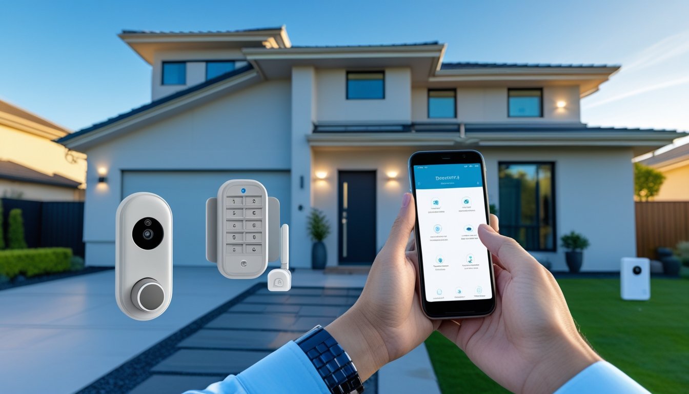 A modern suburban house with visible security cameras, smart door lock, and motion sensor lights, with a person using a smartphone app outside the front door.