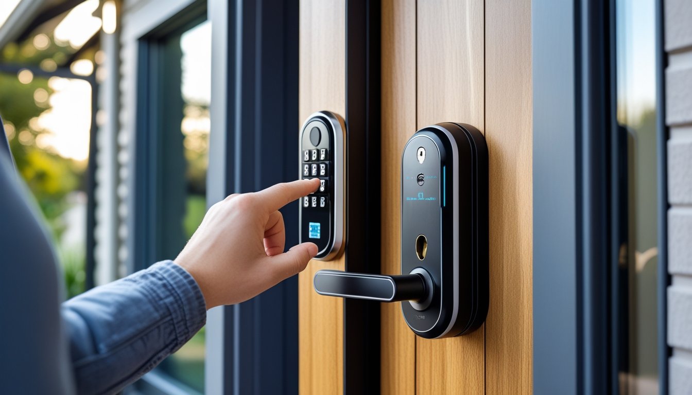Close-up of a person using a smart electronic lock on a modern front door of a house.