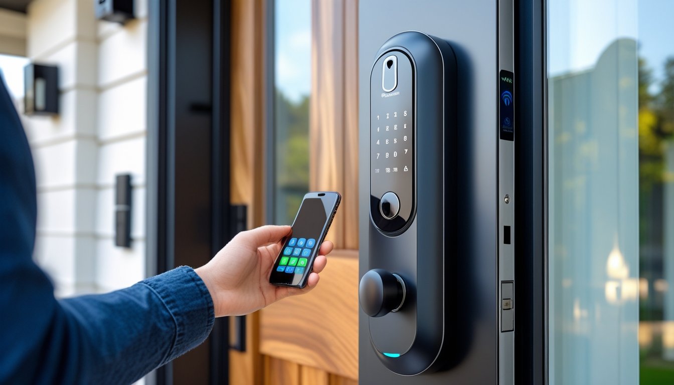 A close-up of a modern front door with a smart electronic lock being operated by a person’s hand, showing a secure home entrance.