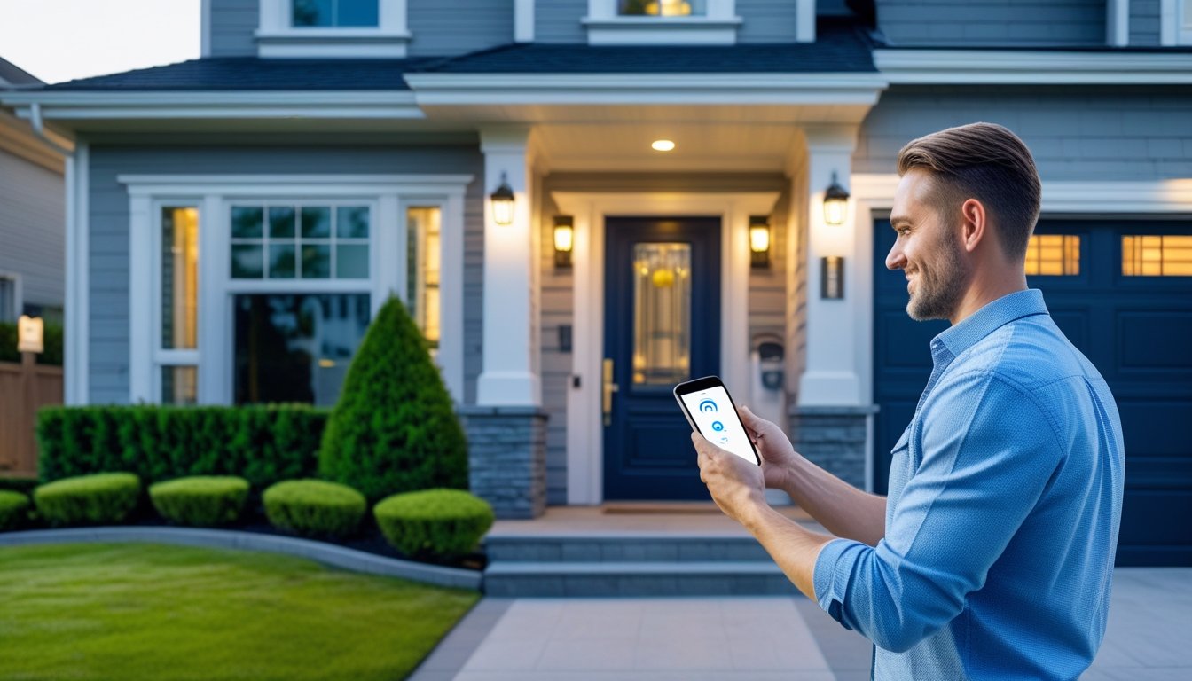 A suburban house with visible security cameras, keypad entry, motion sensor lights, and a homeowner using a smartphone app outside the front door.