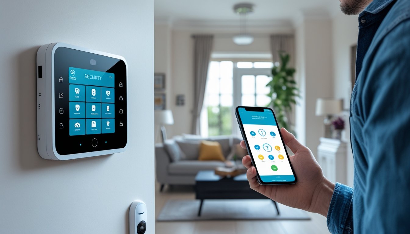 A person using a smartphone app to control a home security system in a modern living room with security cameras and a smart door lock visible.
