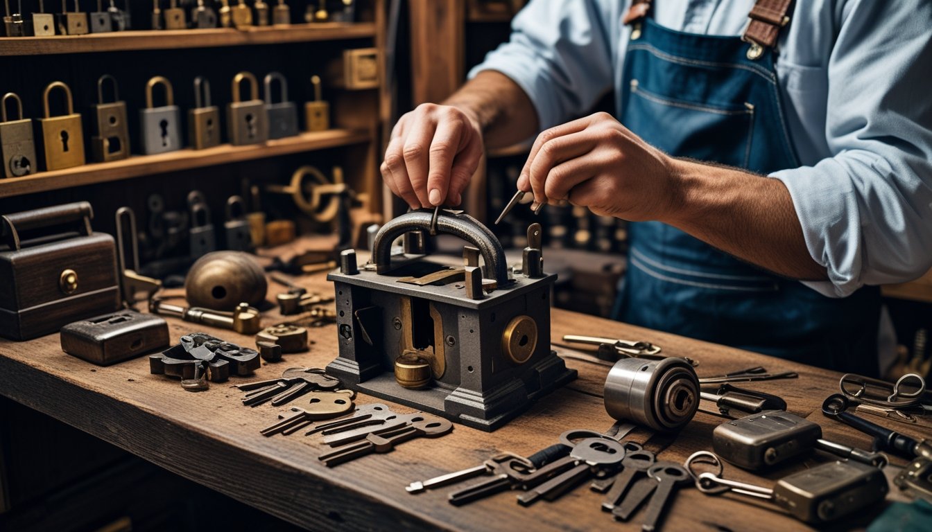 A locksmith working on an old-fashioned lock with traditional tools on a wooden workbench surrounded by keys and locks.
