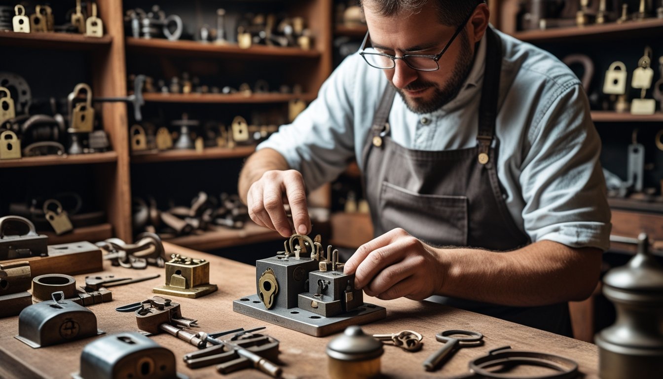 A locksmith working with old locks and keys at a wooden workbench in a workshop filled with tools and antique locks.