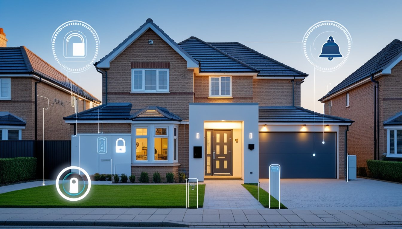 A modern British house exterior showing advanced home security devices including a smart door lock, CCTV camera, and motion sensor light, with graphical icons representing older security technologies arranged in a timeline.
