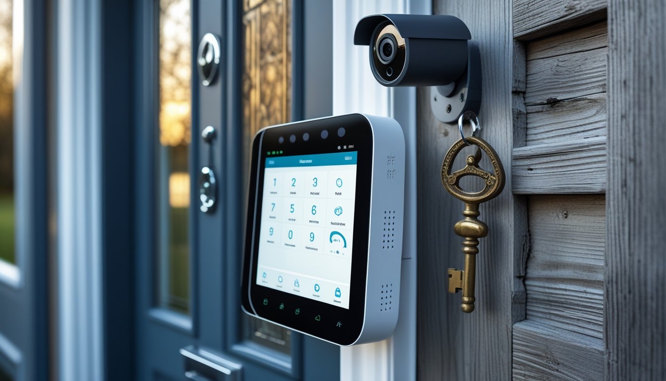 A UK home entrance showing a modern smart security panel and CCTV camera alongside an old iron door lock and vintage key on a wooden wall.