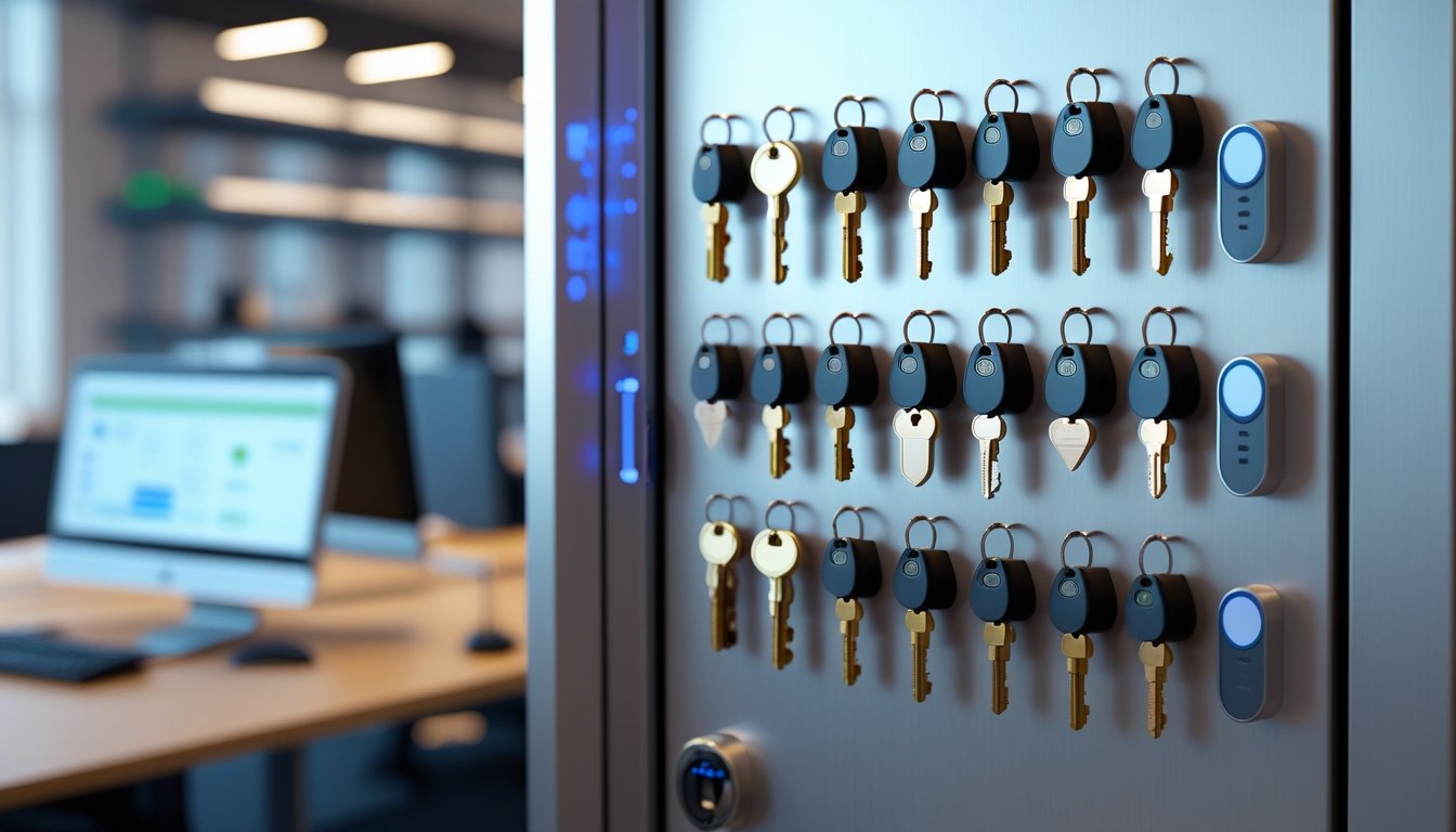 A modern key storage cabinet with uniquely shaped keys hanging inside in an organised office setting.