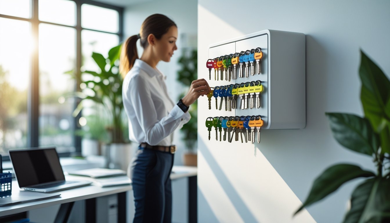 A person examining colourful keys hanging on a modern key cabinet in a tidy office workspace.