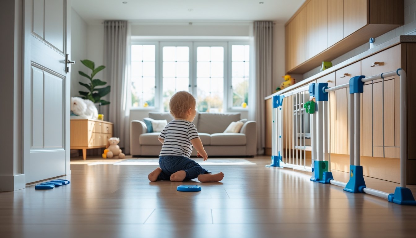 A toddler playing safely in a living room with visible childproofing features like outlet covers, corner guards, cabinet locks, and a baby gate.