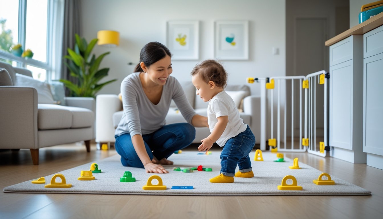 A parent securing a cabinet lock while a toddler plays safely in a bright living room with childproofing devices visible.