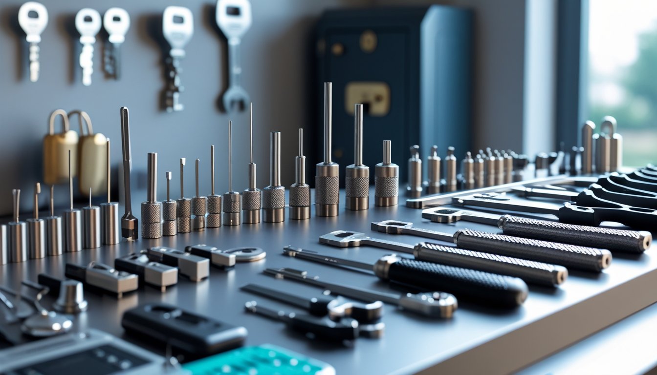 A collection of advanced locksmithing tools arranged on a workbench in a locksmith workshop.