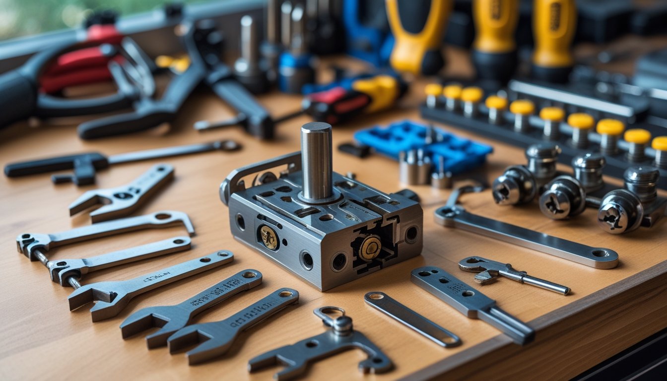 A locksmith's workbench with various locksmith tools and a disassembled lock arranged neatly.
