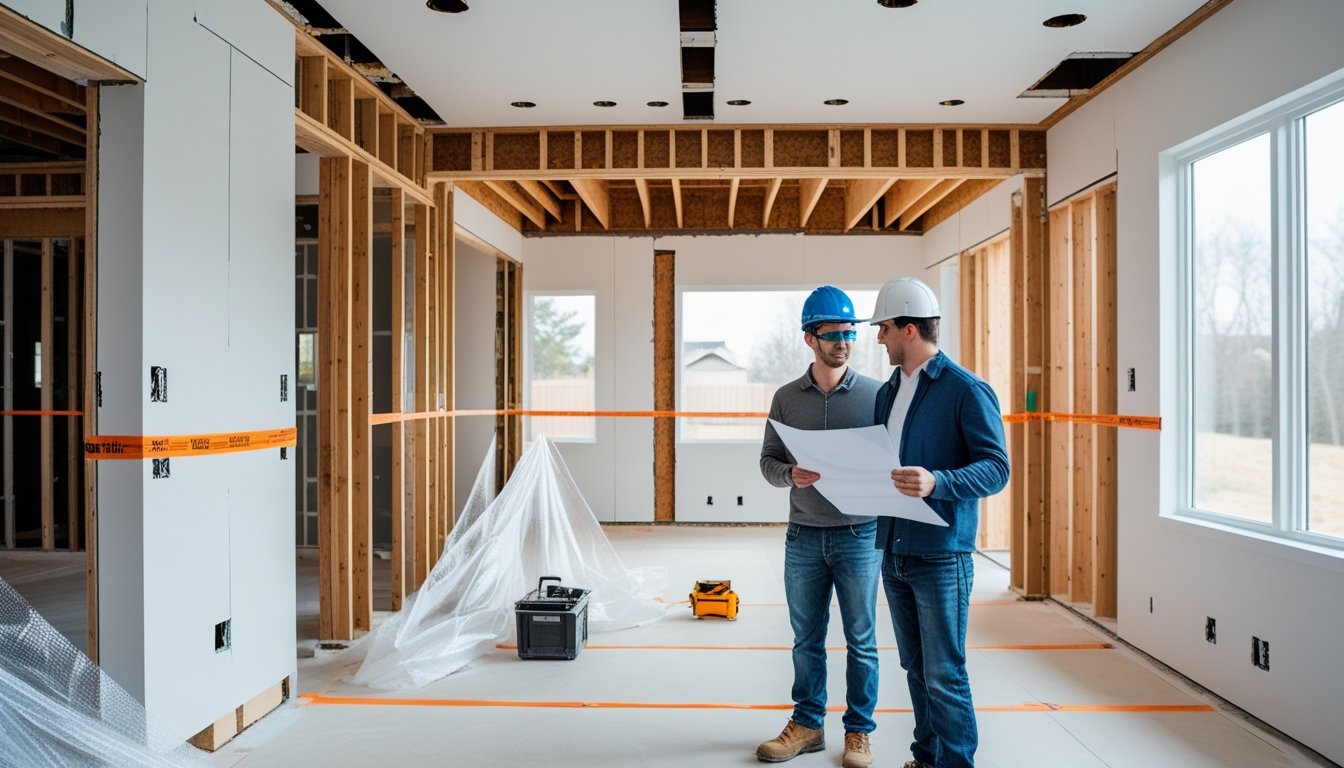A homeowner and contractor discussing renovation plans inside a house with visible safety barriers and construction materials.