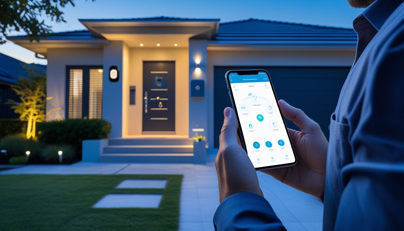 A modern house exterior at dusk with visible security cameras, a video doorbell, and a person using a smartphone to control home security features.