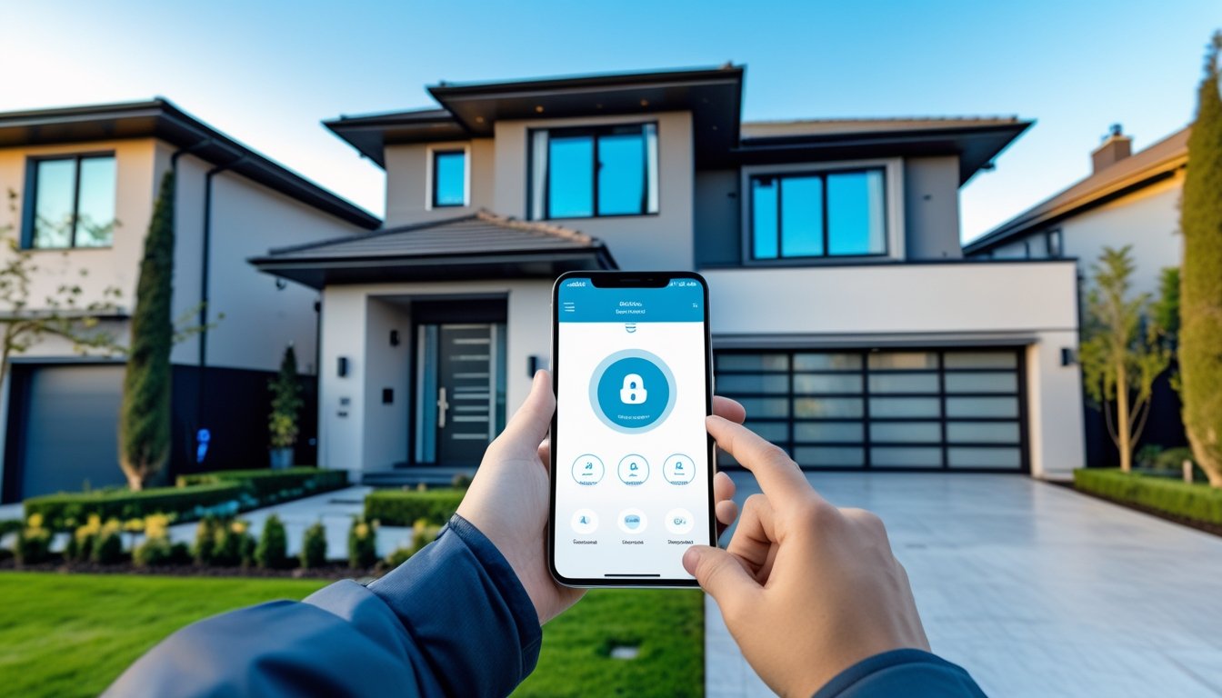 A modern suburban house with smart security devices and a person using a smartphone to control home security.