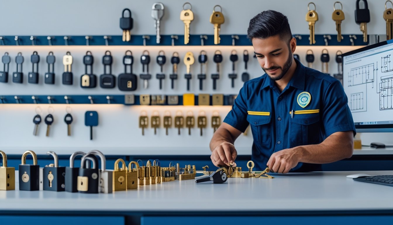 A locksmith working with keys and lock tools at a tidy workbench in a workshop filled with locks and security equipment.