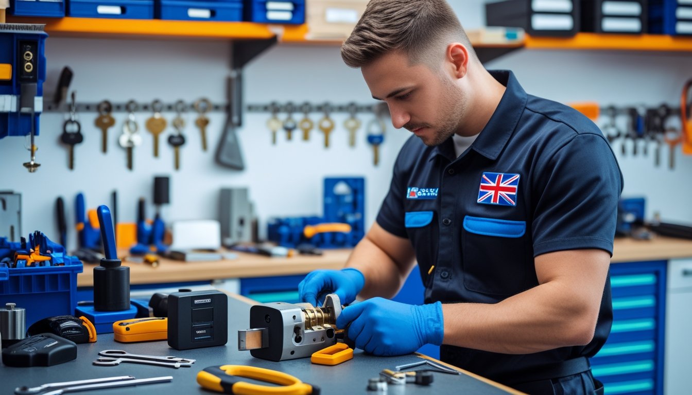 A locksmith working on a lock mechanism in a tidy workshop with tools and key blanks arranged on a workbench.