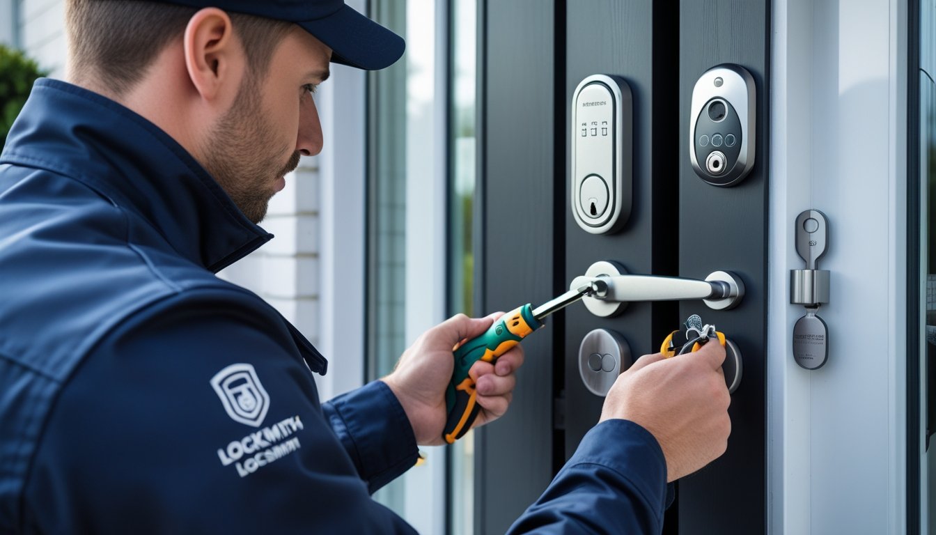 A locksmith working on a modern front door lock with advanced security devices in a well-lit residential or commercial setting.