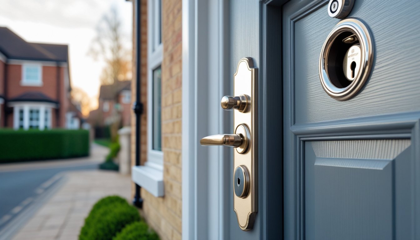 Close-up of a secure front door with a multi-point lock and handle on a residential street in the UK.