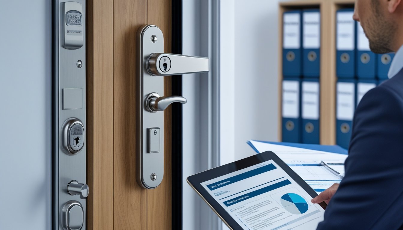 A person in business clothes reviewing security documents next to a modern door with advanced locks in an office setting.