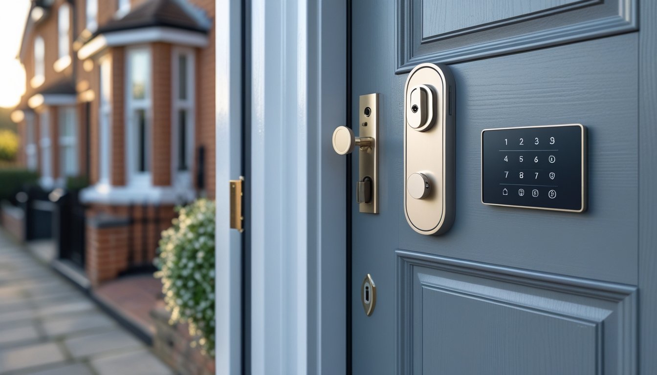 A modern UK front door with advanced locking mechanisms and a security keypad, set in a residential street.