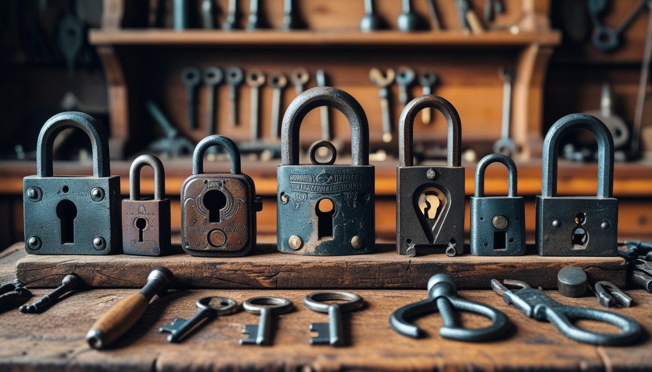A collection of vintage locksmith tools including skeleton keys, warded locks, lock picks, and iron padlocks arranged on an antique wooden workbench.
