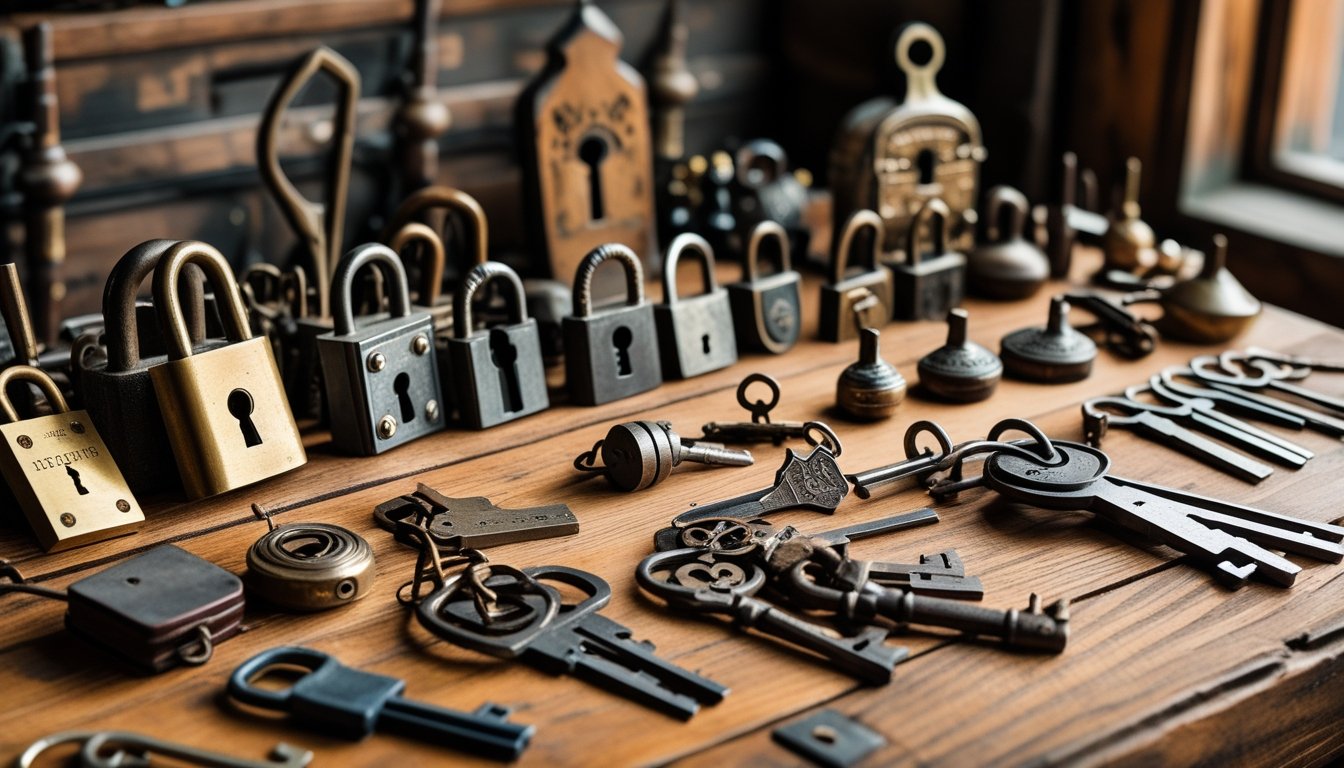 A wooden table displaying antique locksmith tools including old locks, metal keys, lock picks, and padlocks in a traditional British workshop setting.