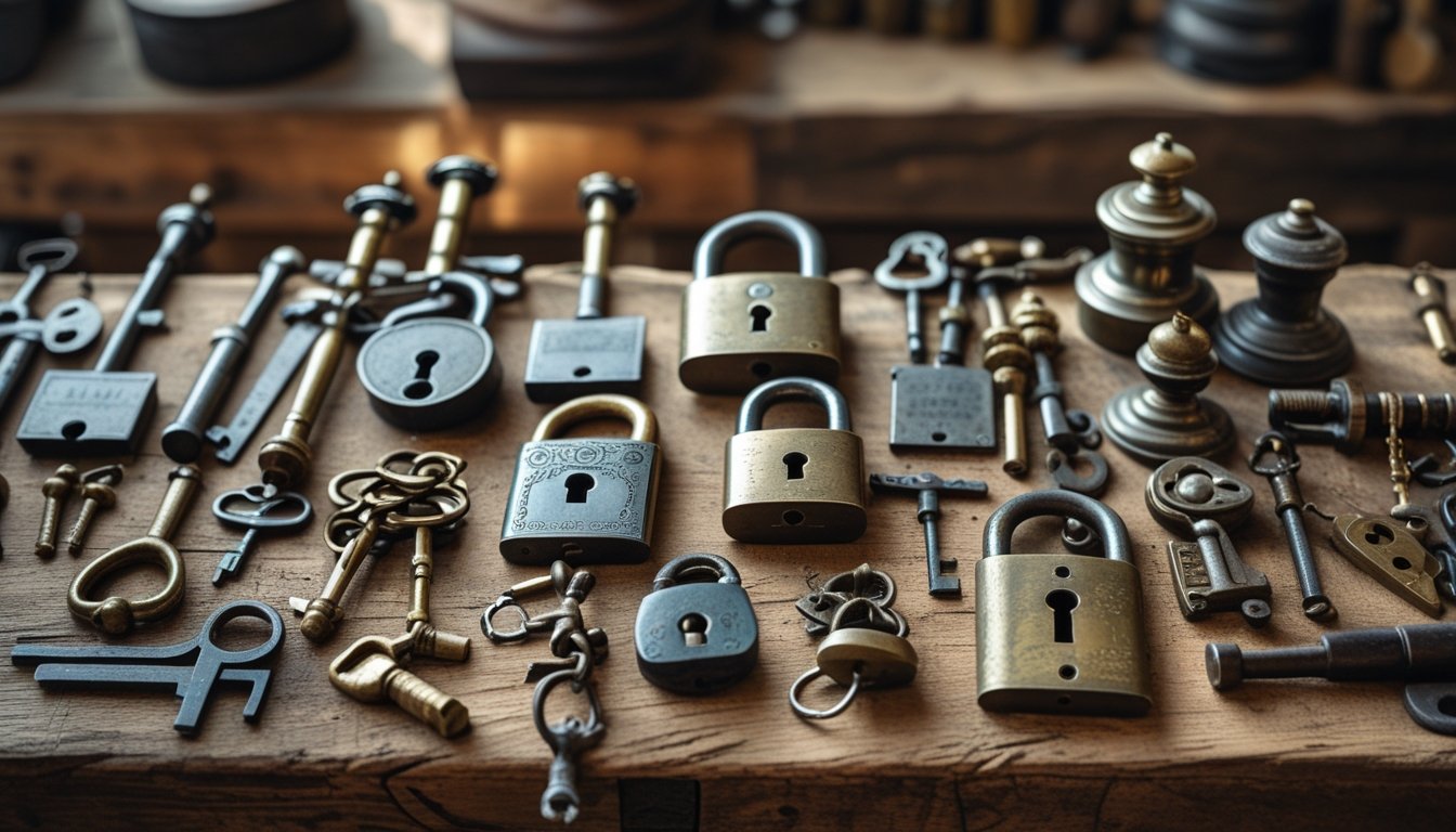 A collection of antique locksmith tools including old keys, lock picks, and padlocks arranged on a wooden workbench.