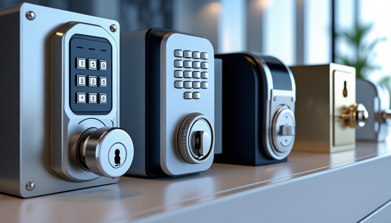 Close-up view of various types of safe locks including electronic keypads, fingerprint scanners, combination dials, and key locks arranged on a surface.