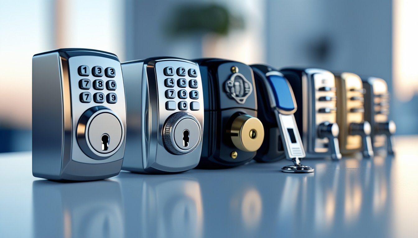 Close-up view of different types of safe locks including digital keypad, combination dial, fingerprint scanner, and mechanical key lock arranged on a surface.