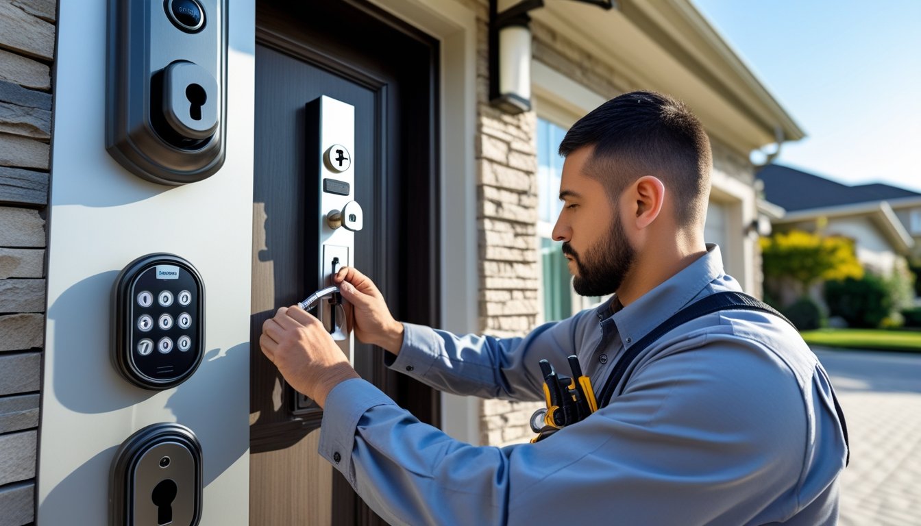 A locksmith installing an advanced electronic lock on a residential front door of a suburban home during daylight.