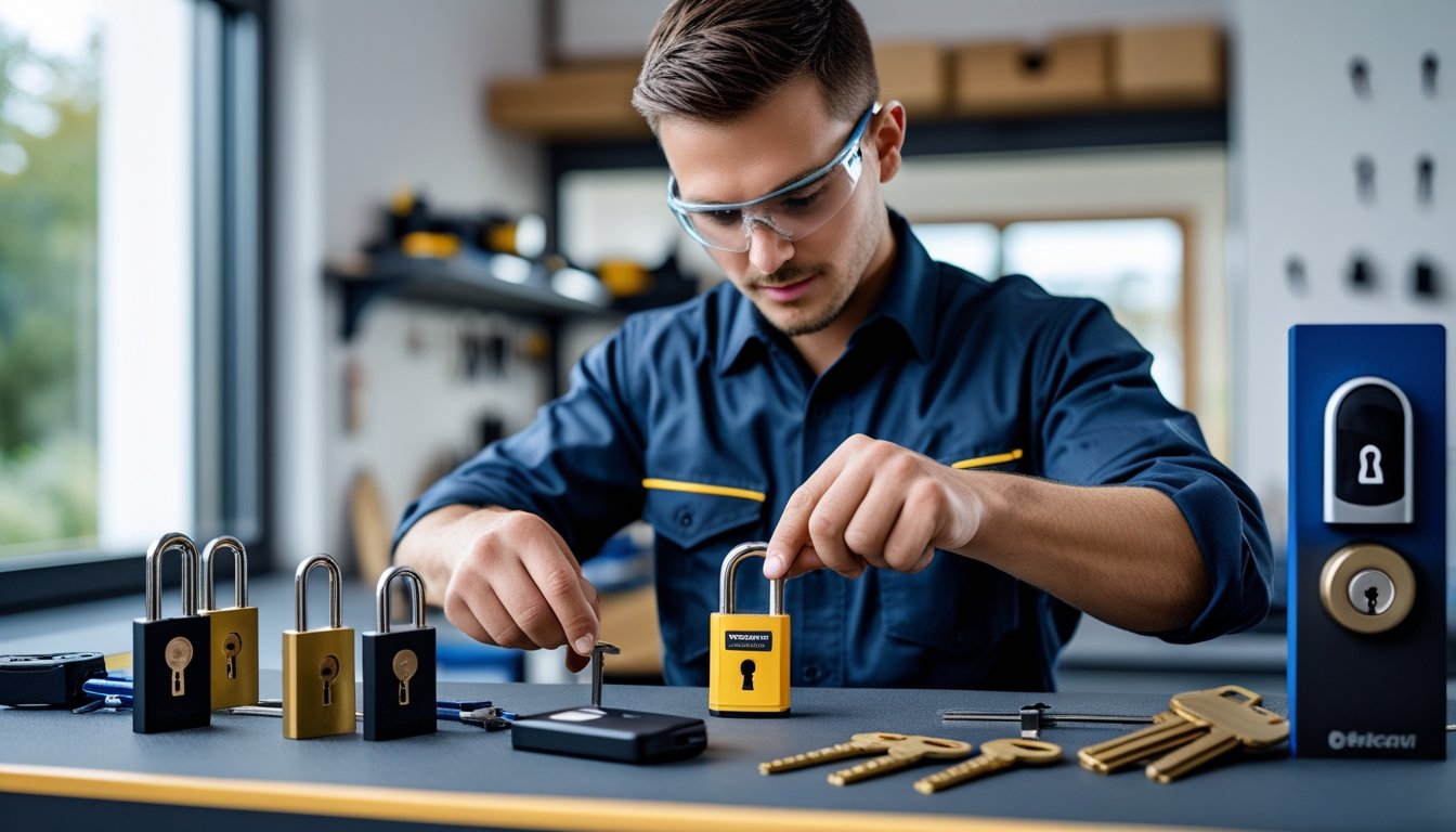 A locksmith working with tools on a high-security lock in a workshop with locks and keys displayed in the background.