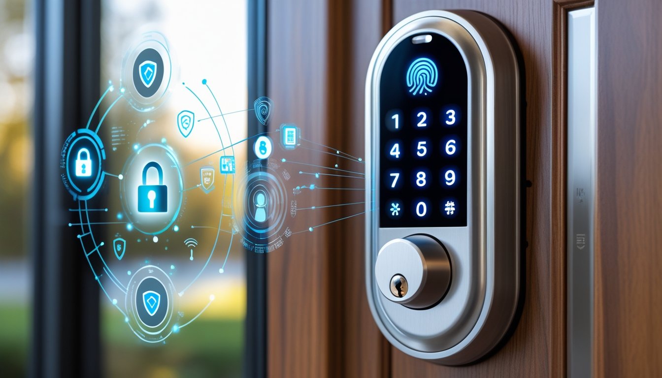 Close-up of a modern smart home door lock with a touchscreen keypad and fingerprint scanner on a wooden front door.