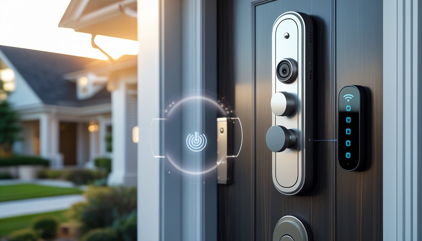 Close-up of a modern smart lock on a front door with a security camera and keypad panel visible on a suburban house exterior.