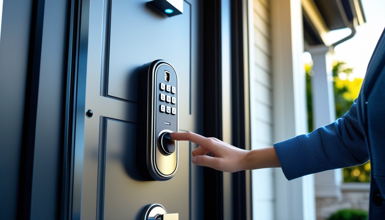 A modern front door with a digital smart lock and a hand reaching towards the keypad.