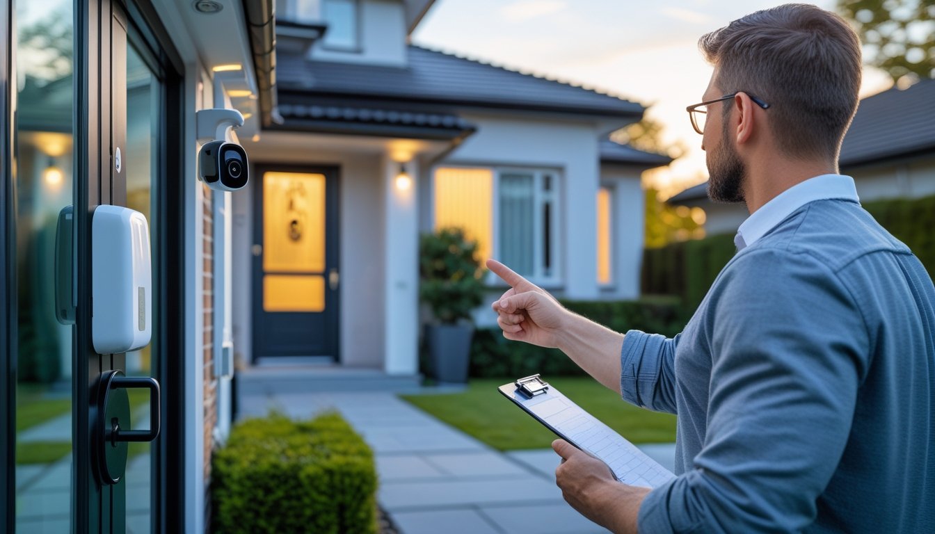 A security expert inspecting the front door and security devices of a modern suburban house while talking to the homeowner.