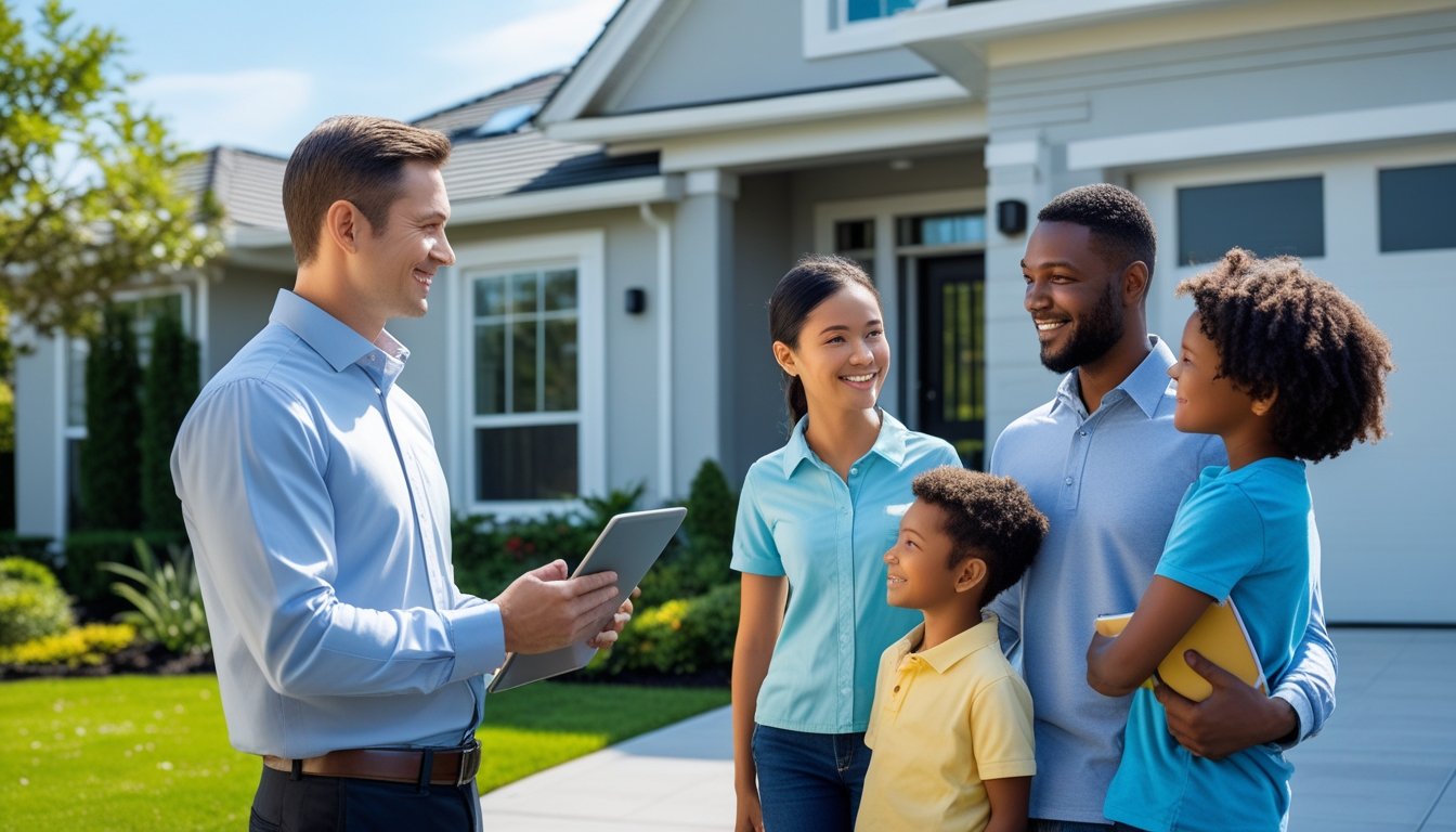 A security expert talking with a family outside their modern home, showing security devices on the front door.
