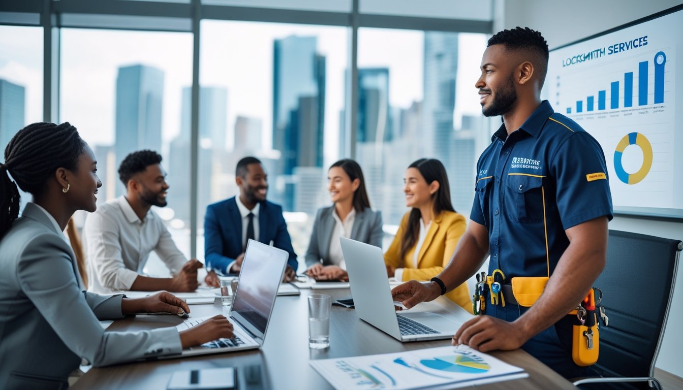 A locksmith in uniform leading a meeting with colleagues around a table in an office with a city view.