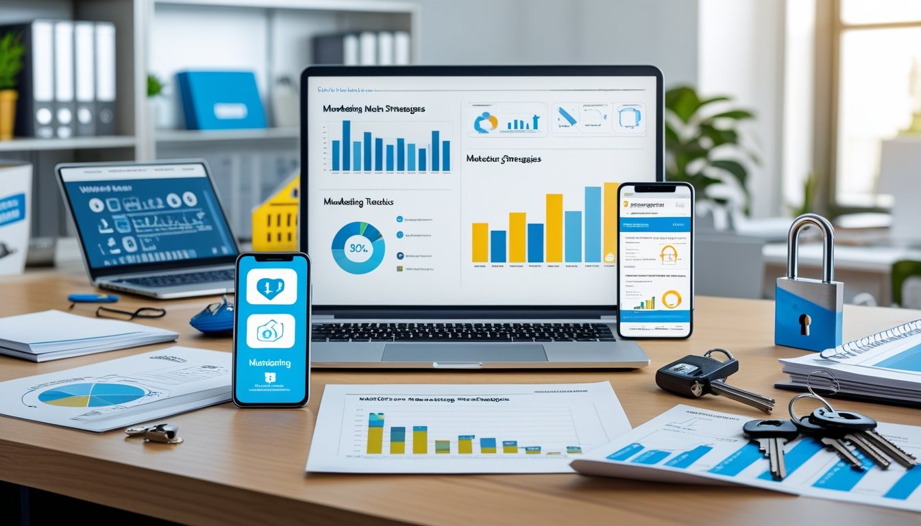 A locksmith's workspace with a laptop showing marketing graphs, a smartphone with social media icons, locksmith tools on the desk, and a bright office background.