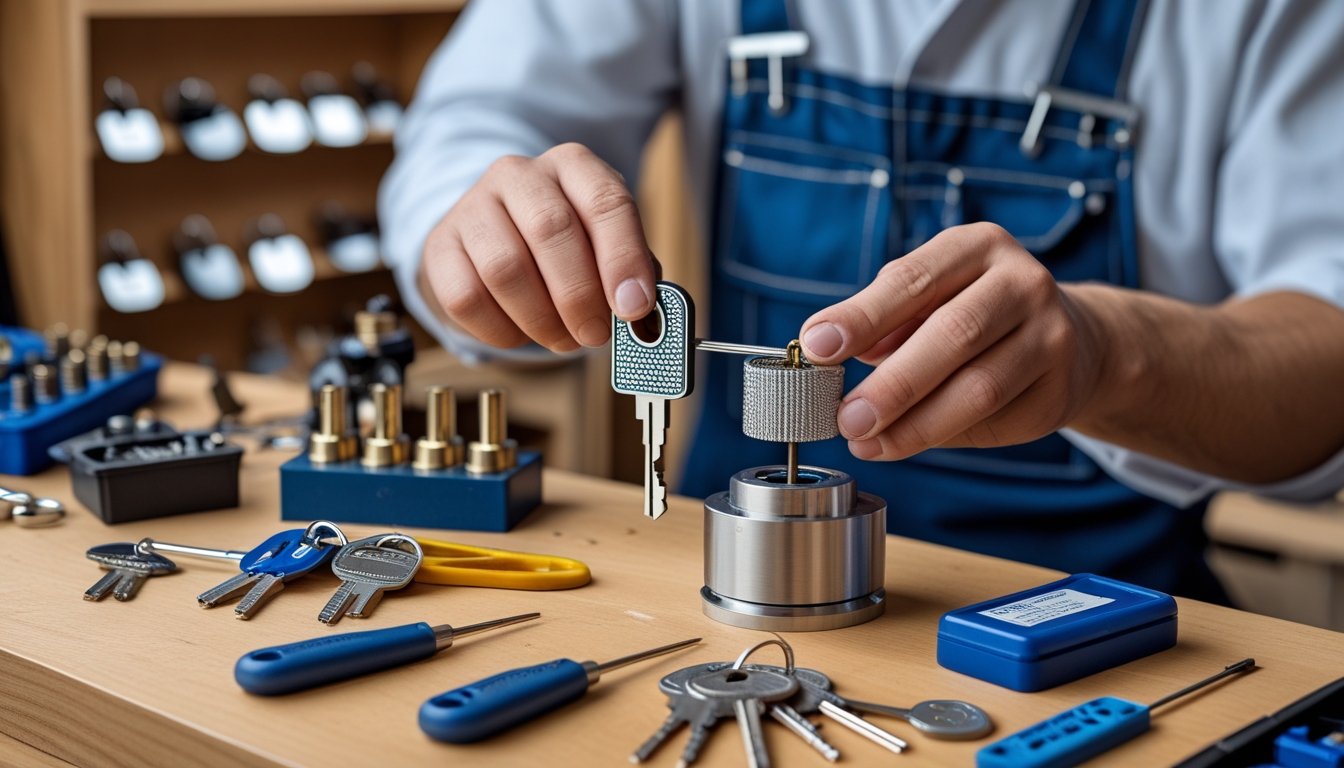 A locksmith working with lock components and tools on a wooden workbench in a tidy workshop.