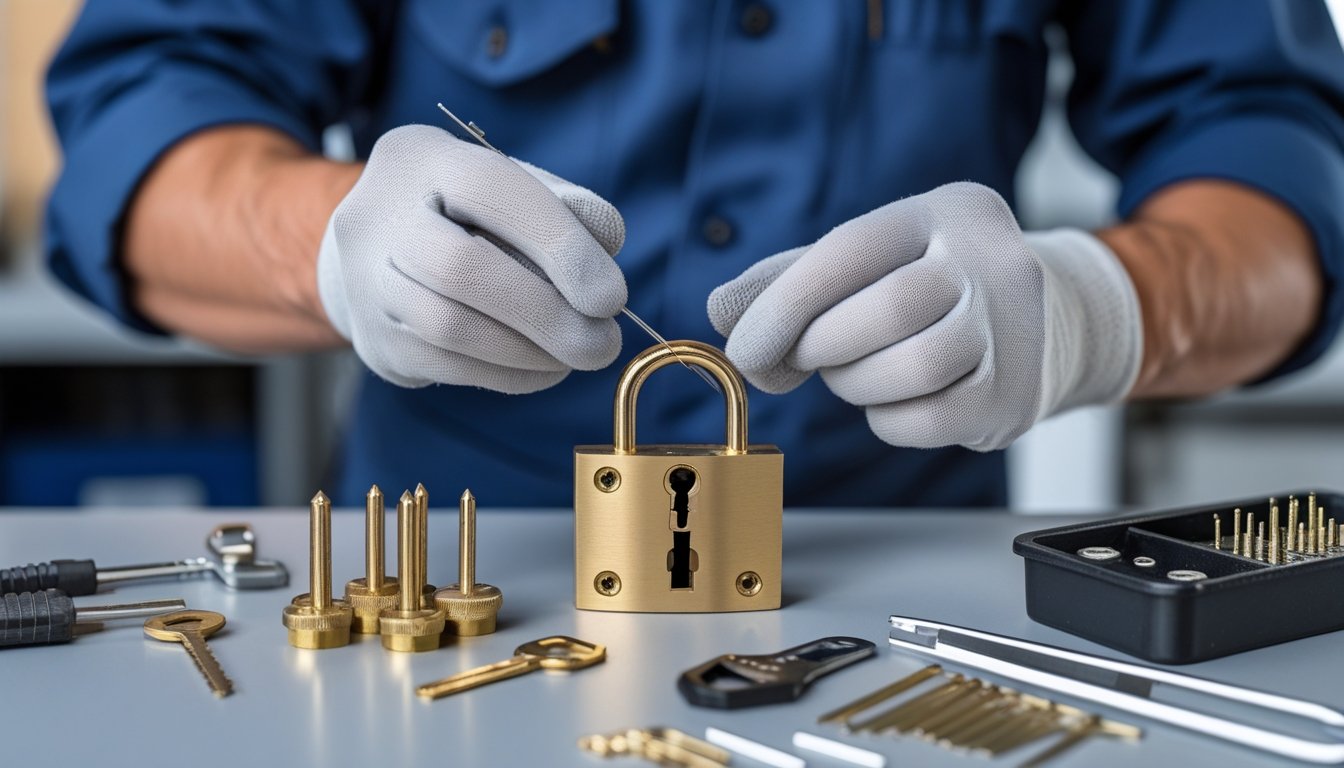 A locksmith re-keying a traditional lock cylinder on a workbench with various locksmith tools.