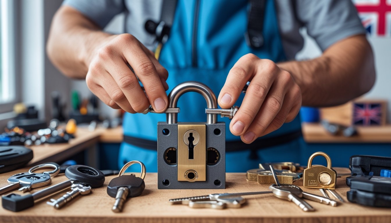 A locksmith working carefully on a complex lock in a tidy workshop with keys and tools on a workbench and a small British flag in the background.
