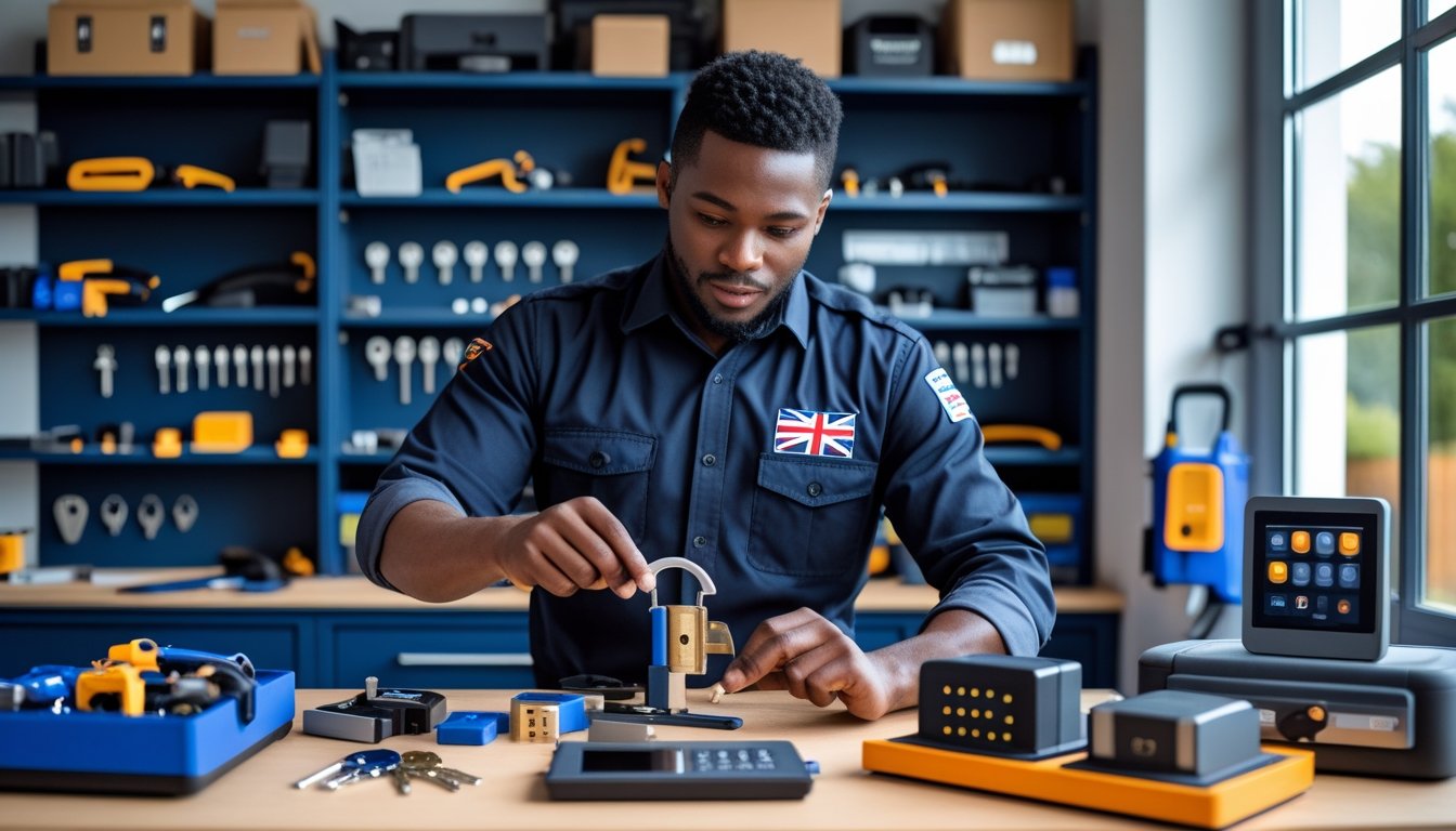 A UK locksmith working at a bench with lock mechanisms and tools in a workshop.