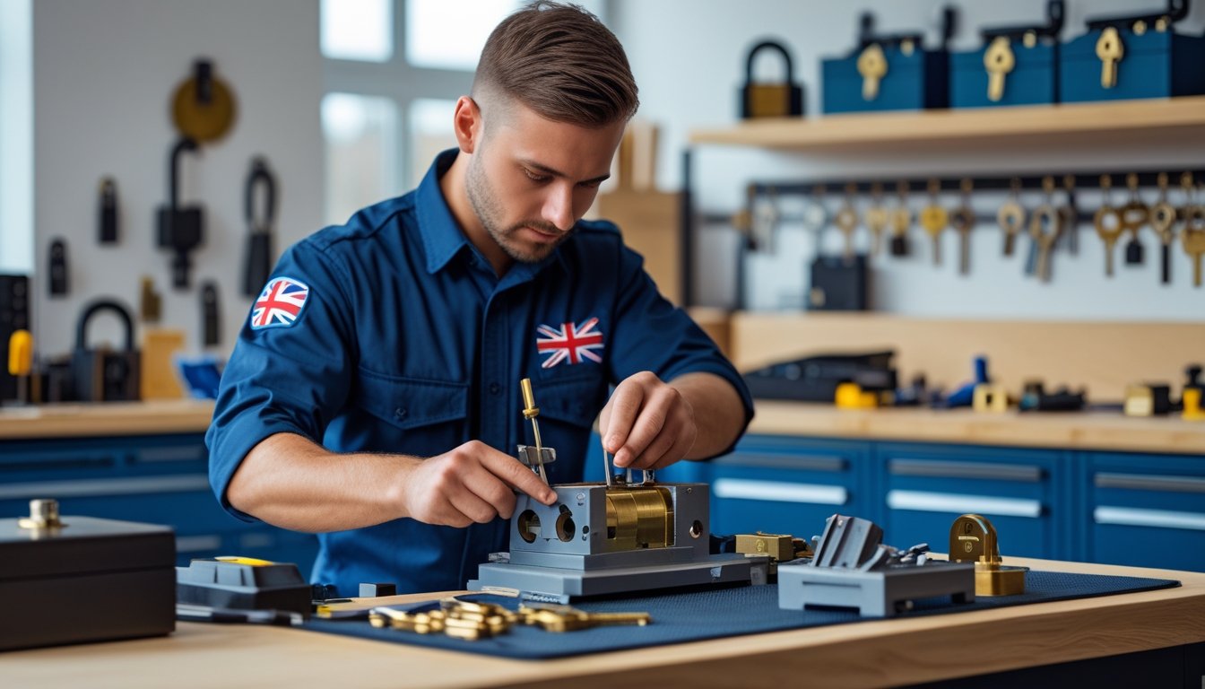 A locksmith in a uniform working on a lock at a tidy workshop bench with shelves of locks and tools in the background.